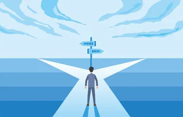 分岐する道の前に立つ人物のイラスト。美容師が自分でキャリアを選び描く時代を象徴